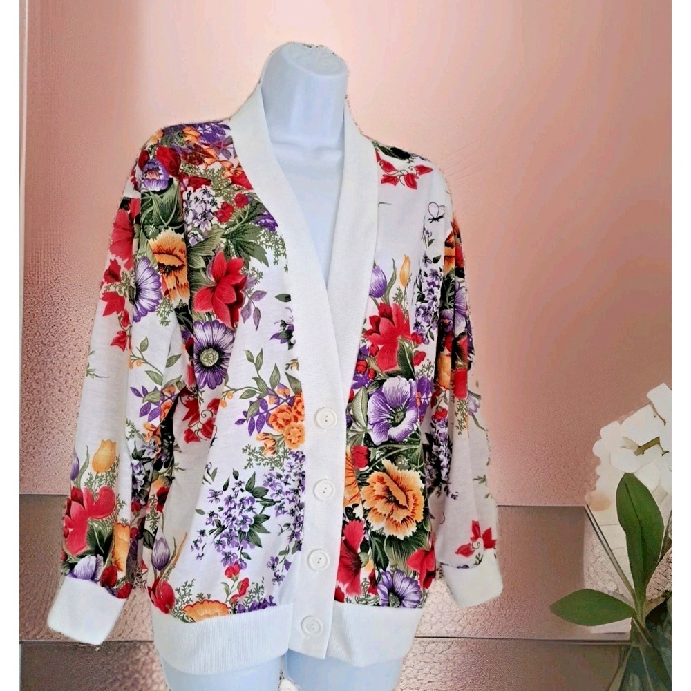 Blair Floral Cardigan M Button Front V-neck Vivid Colors Lightweight Top Ribbed